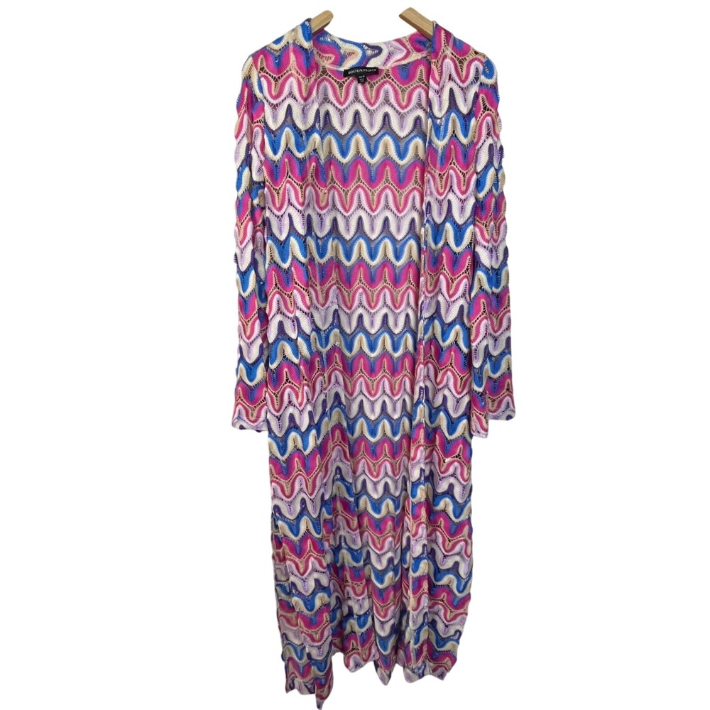 Boston Proper M Crochet Zig Zag Maxi Cardigan Sweater Cover‎ Up Multicolor